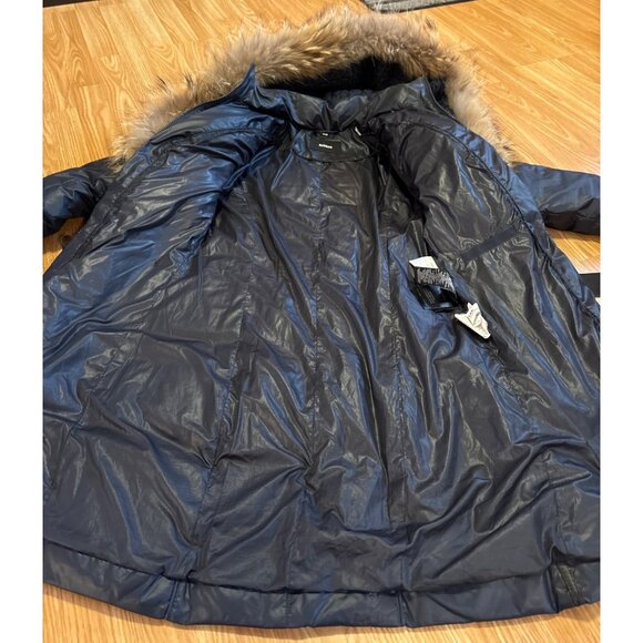 Rudsak Womens TP/XS Navy Down Long Coat With Fur Trim Hood Leather Accents - Picture 7 of 16